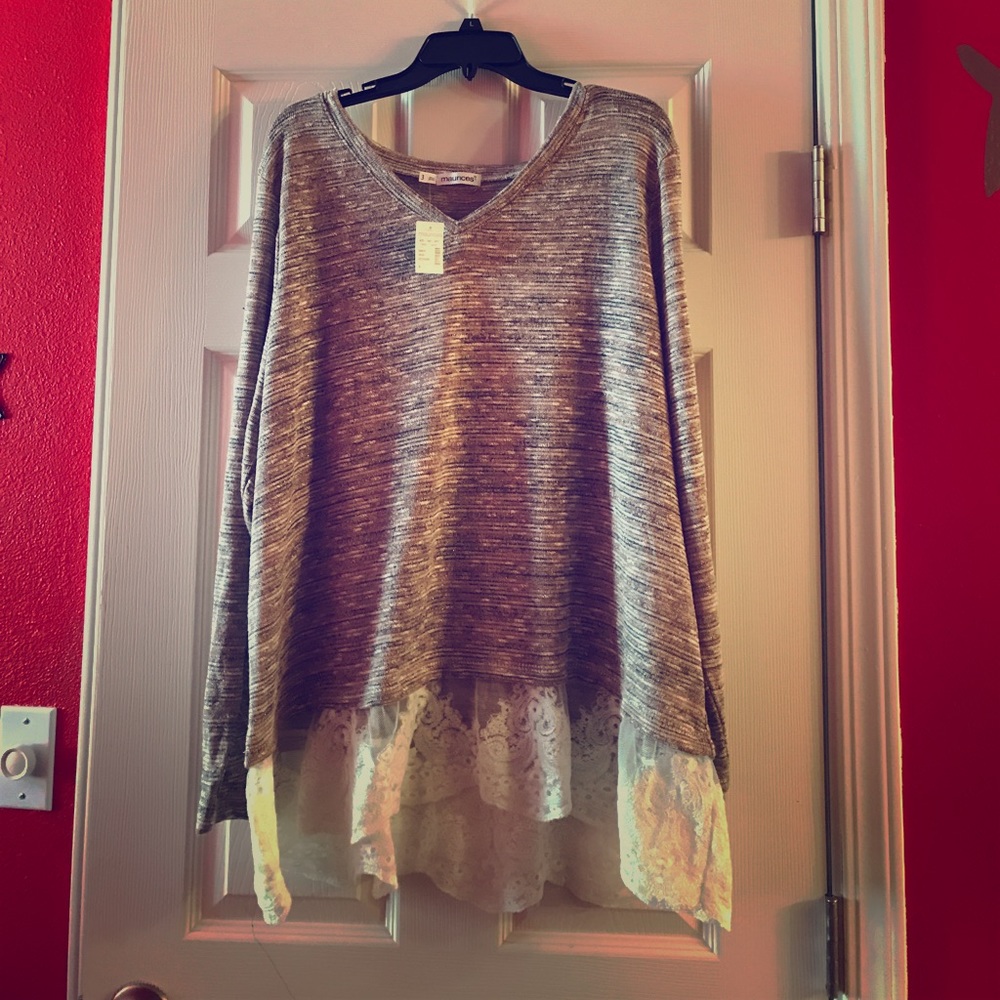 plus size High-low lace pink long sleeve shirt