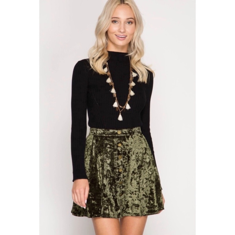 Olive Crushed Velvet Mini Skirt with Buttons  Sold - Picture 3 of 7