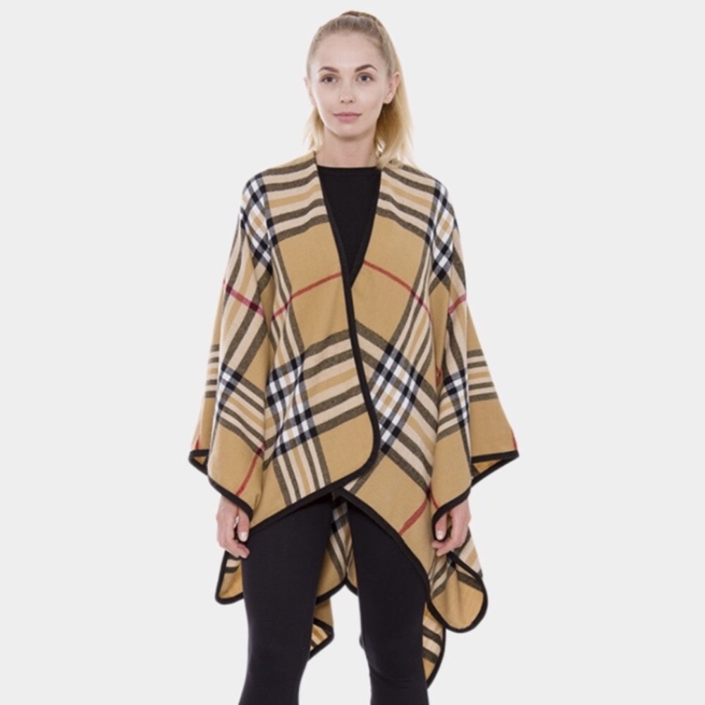 Camel Plaid Ruana Wrap - Picture 2 of 3