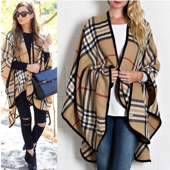 Sweaters - Camel Plaid Ruana Wrap