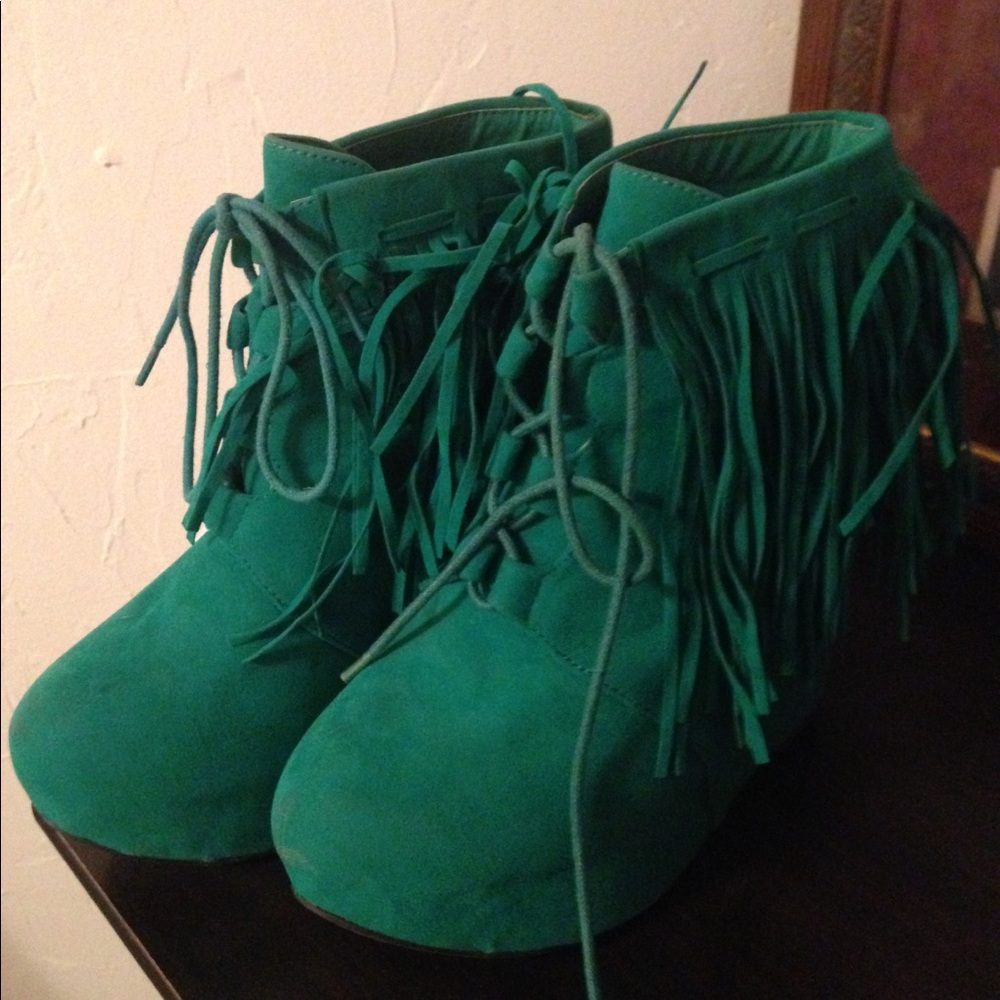 Teal fringe booties
