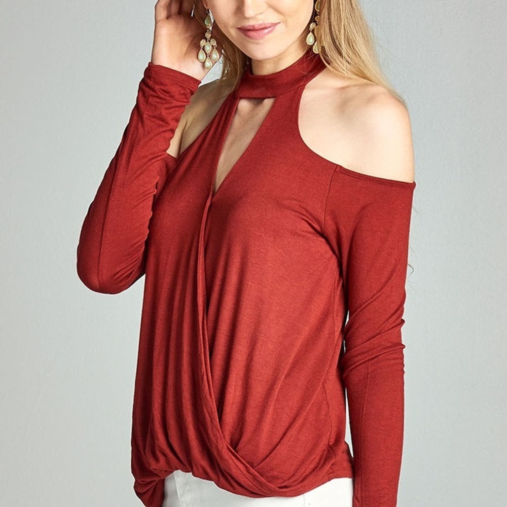 5/$25 NEW SEXY RUST PEEK A BOO SLIMMING LONG SLEEVE TOP