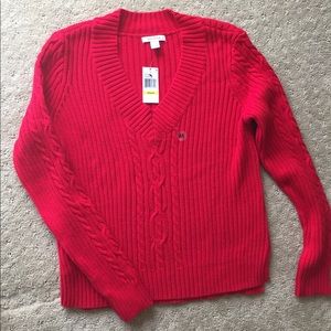 Red Nautica V-neck cable knit sweater.