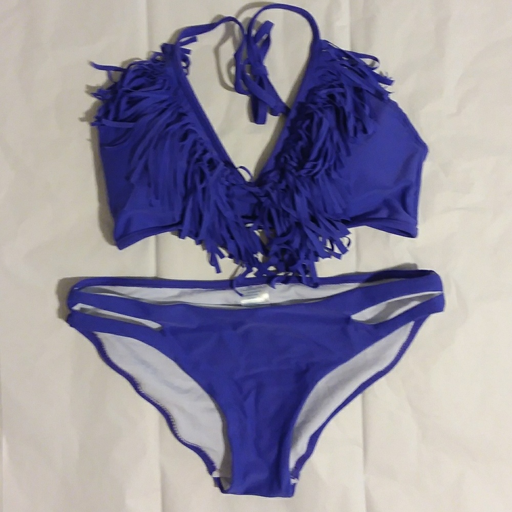 New Blue fringe strappy side bikini