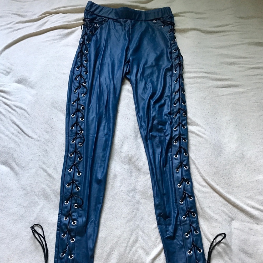 Venus Faux Blue Leather Side Lace-up Leggings