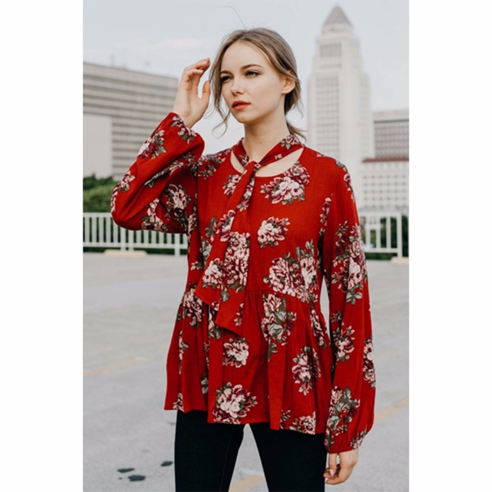 Floral Print Neck Tie Detail Top -Brick