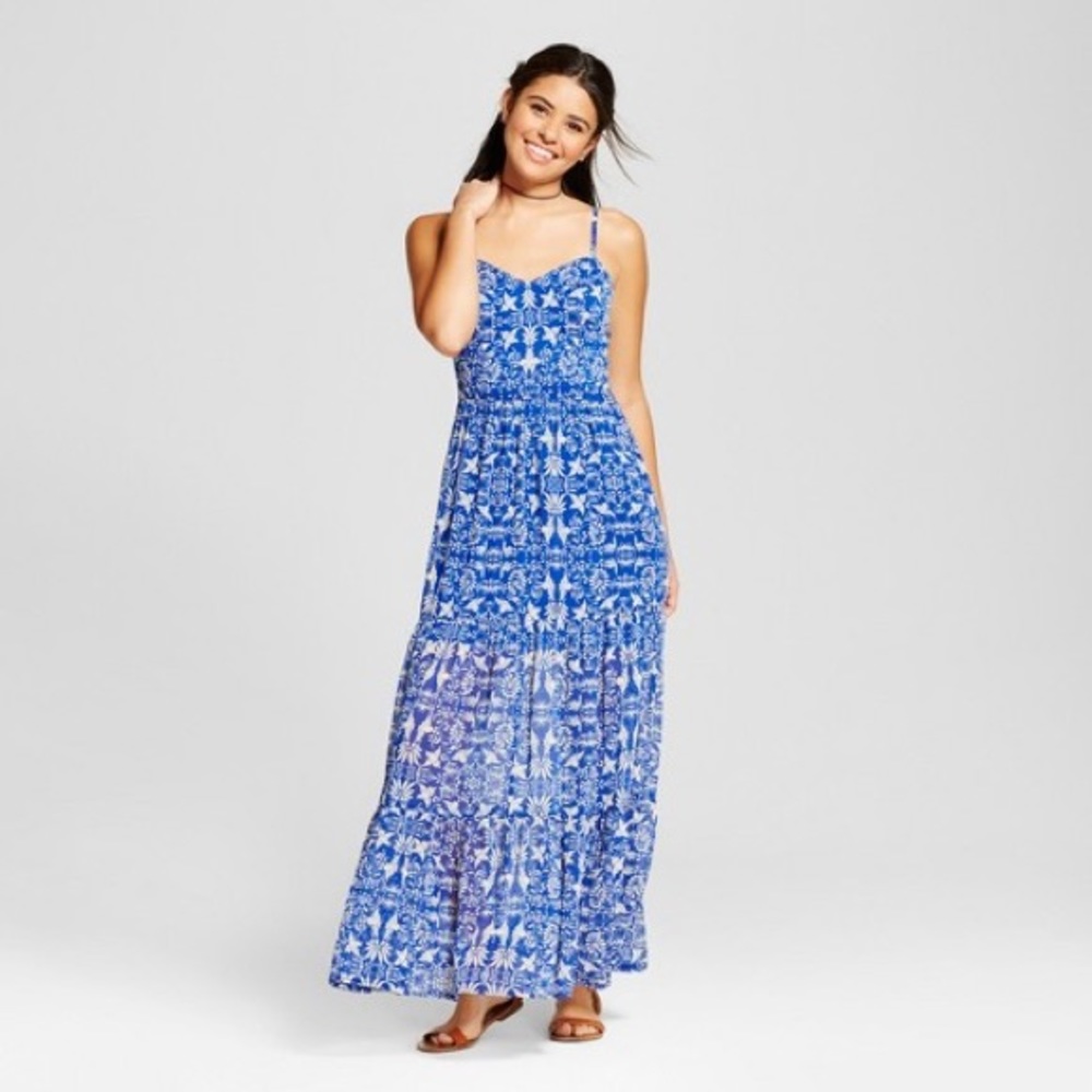 Xhilaration Blue Floral Maxi Dress, Size Medium