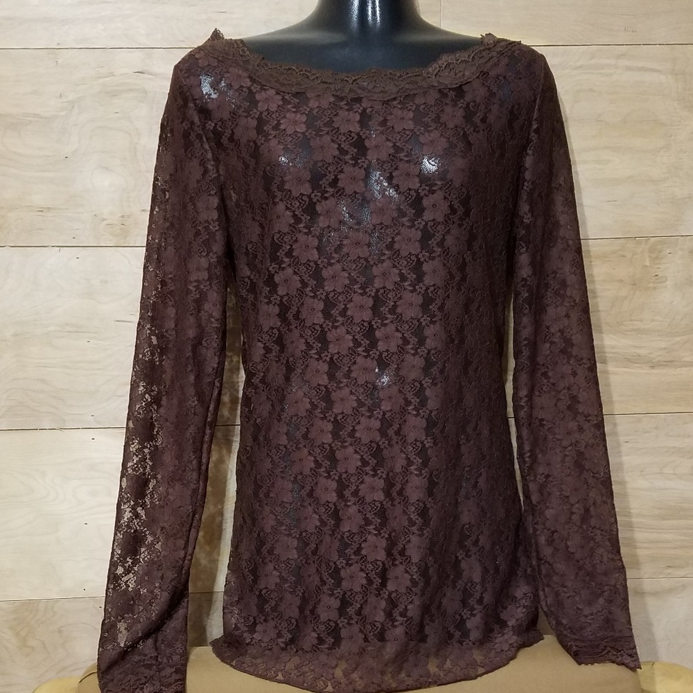 Rue21 Long Sleeve Lace Unlined Brown Top Sz L- NWT