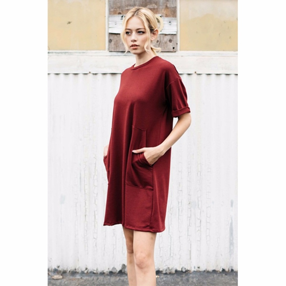Short Sleeves Casual Pocket Cozy Dress - Burgundy