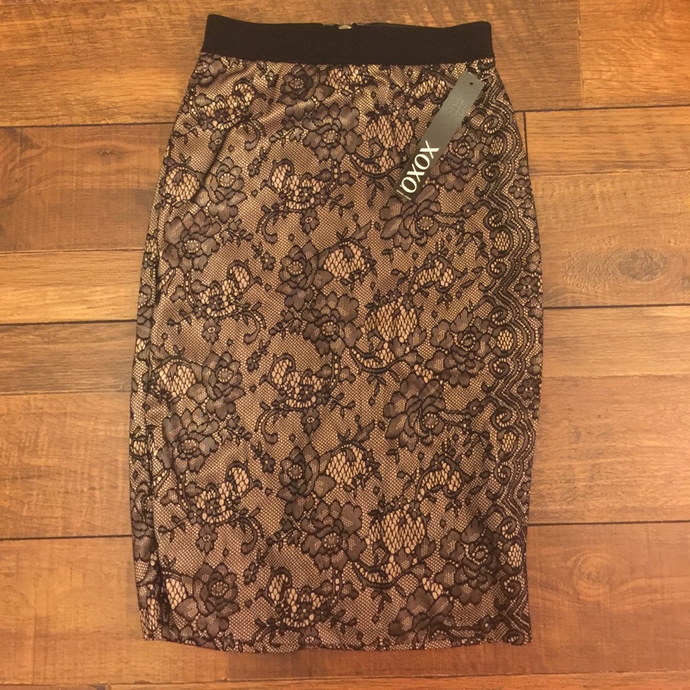 XOXO Nude and black lace pencil skirt