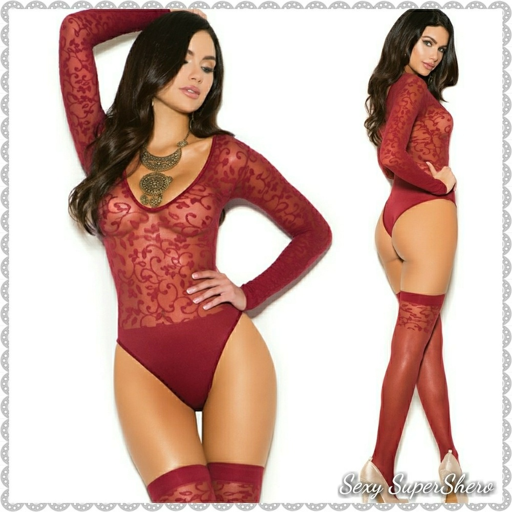 🆕Burgundy Burnout Sexy Sheer Lingerie Set