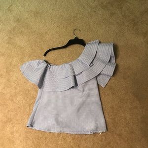 One shoulder blue and white ruffles