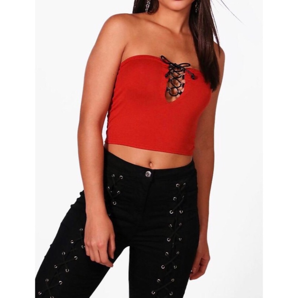Red lace up tube top.