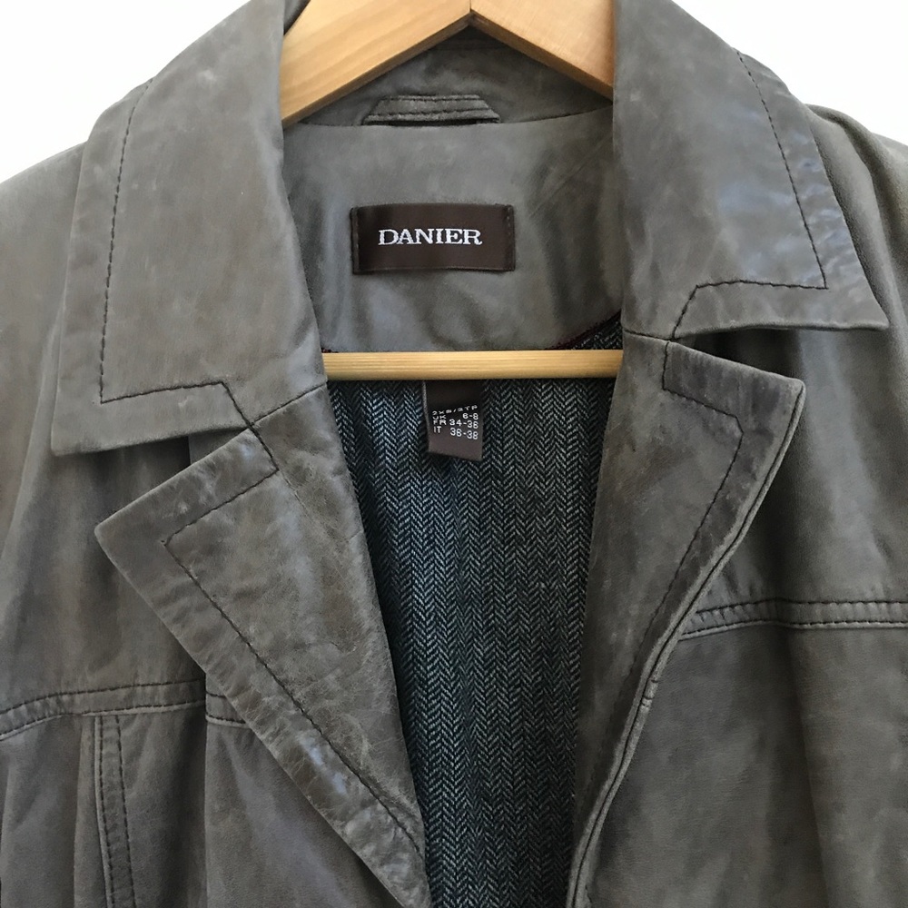 Grey/brown/green distressed leather duster.