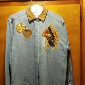 Very cute long sleeved denim fall embroidered shir