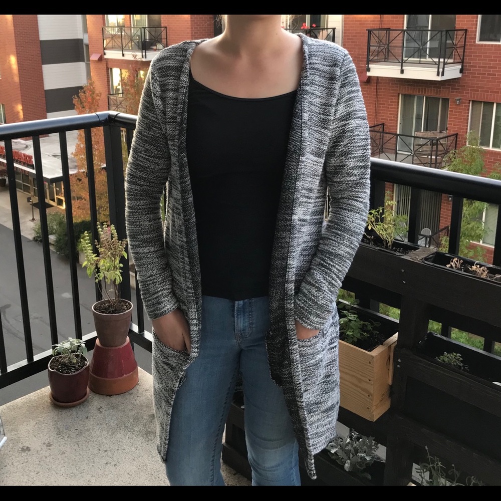 Cozy long black and white cardigan sweater