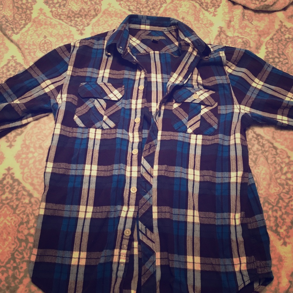 Men's Blue/Black/Purple medium plaid shirt.