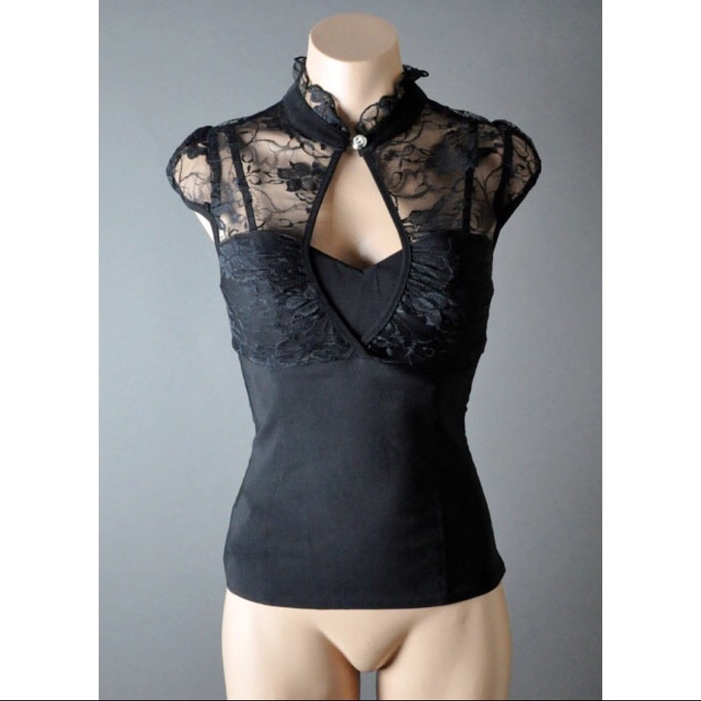 Black Evening Womens Lace Ruffle Victorian Gothic Steampunk Shirt Top Blouse