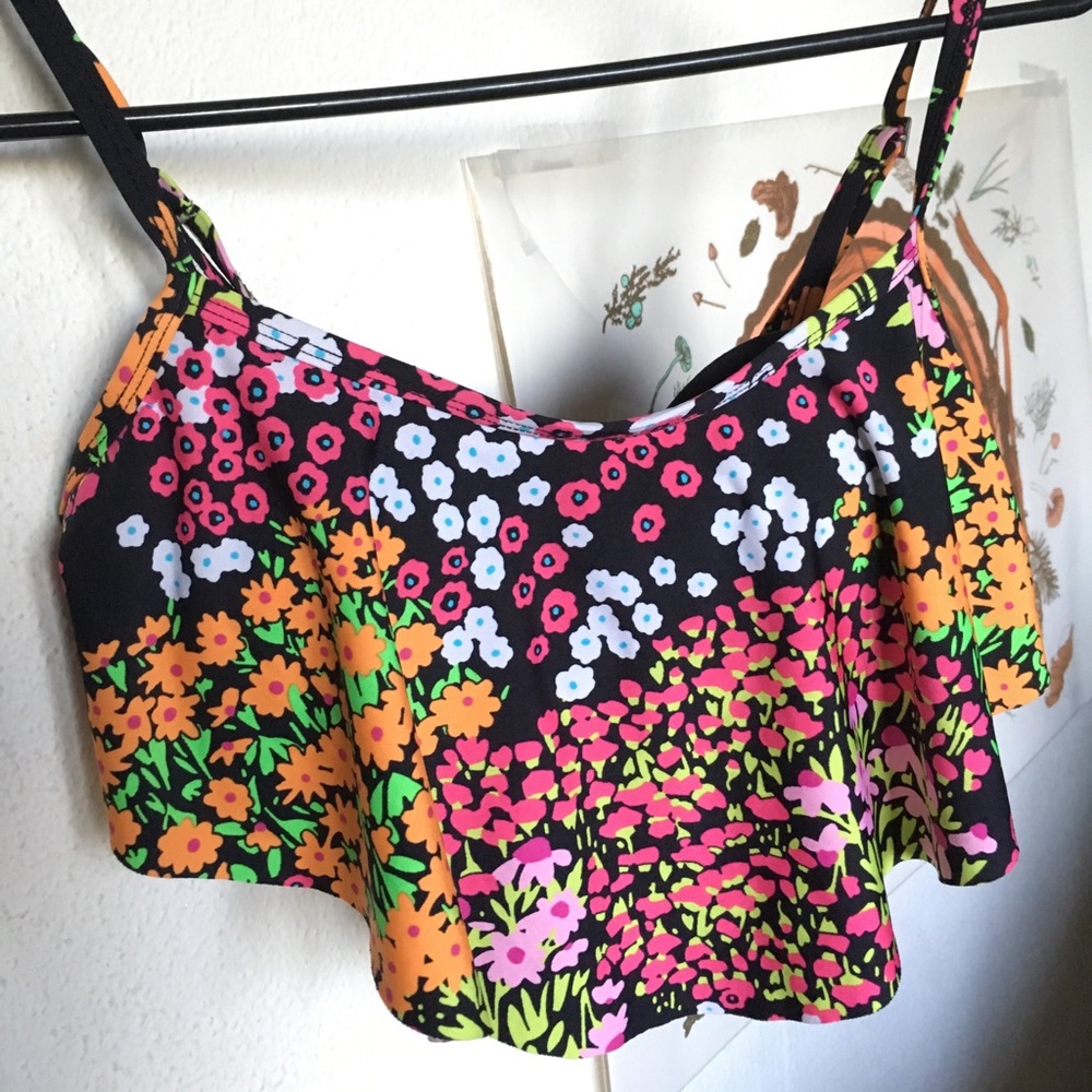 Ruffled, flowery swim top