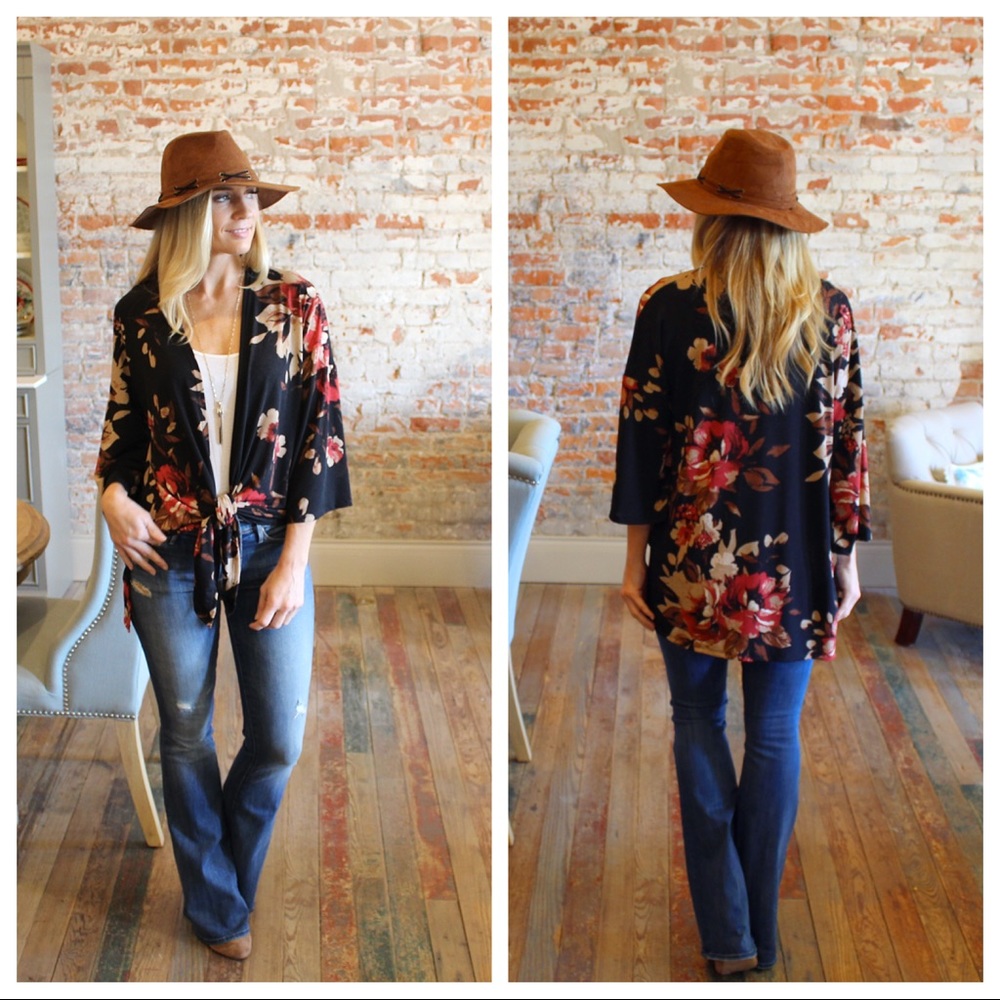 Black floral open or tie front cardigan - Picture 3 of 4