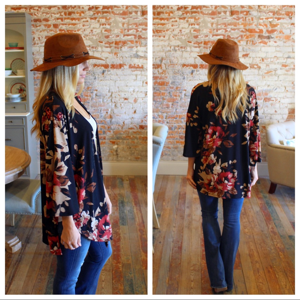 Black floral open or tie front cardigan - Picture 4 of 4