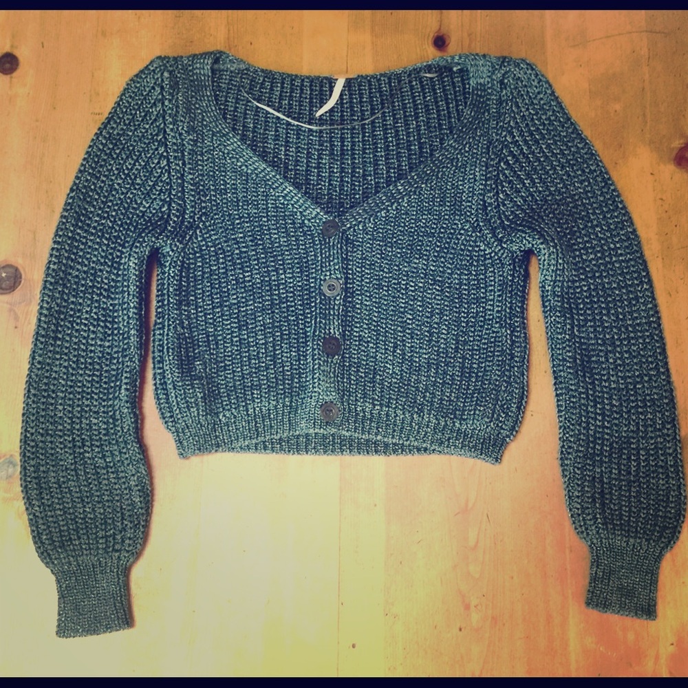 Free People Metallic Green Cropped Cardigan Medium