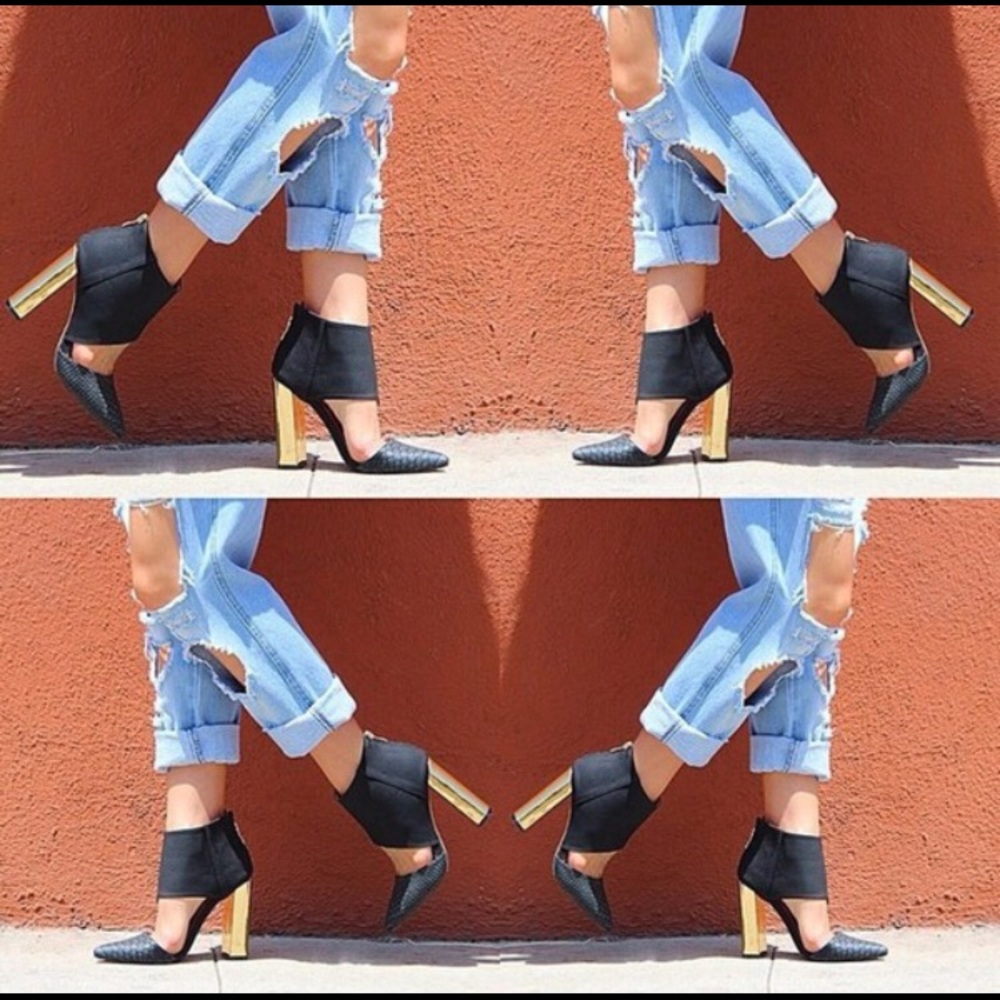Cut-out Metallic Gold Block Heels