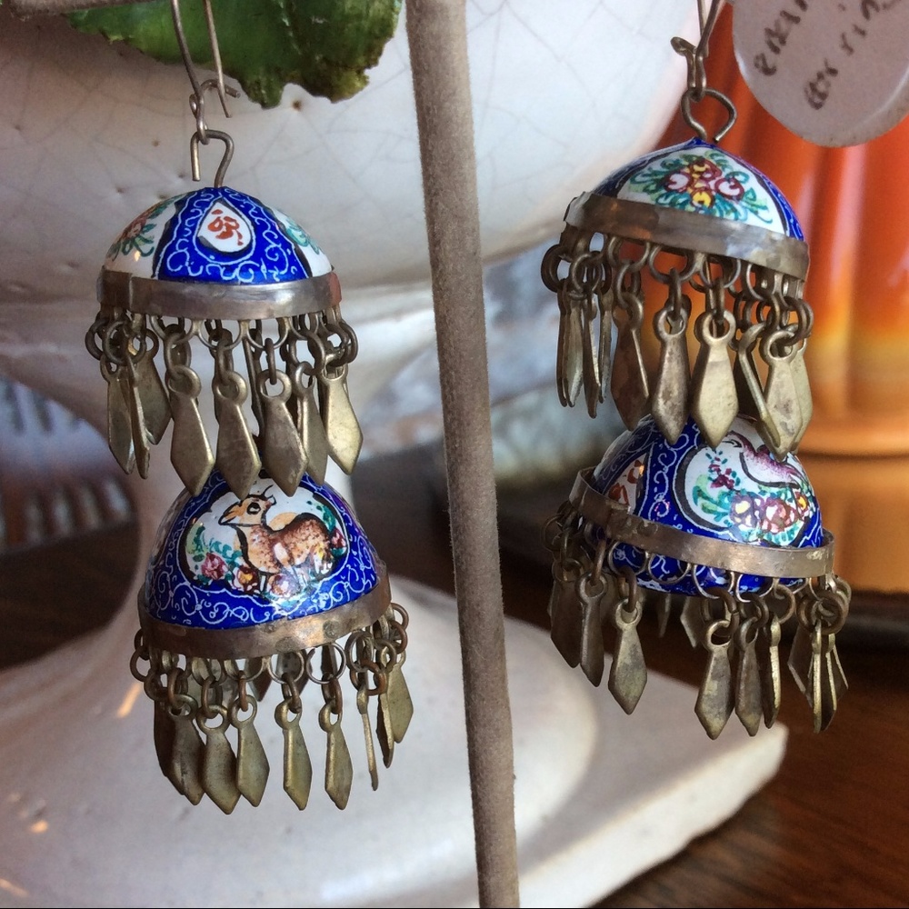 SOLD Enamel Hand-painted Dome Jingle Earrings - Picture 1 of 8