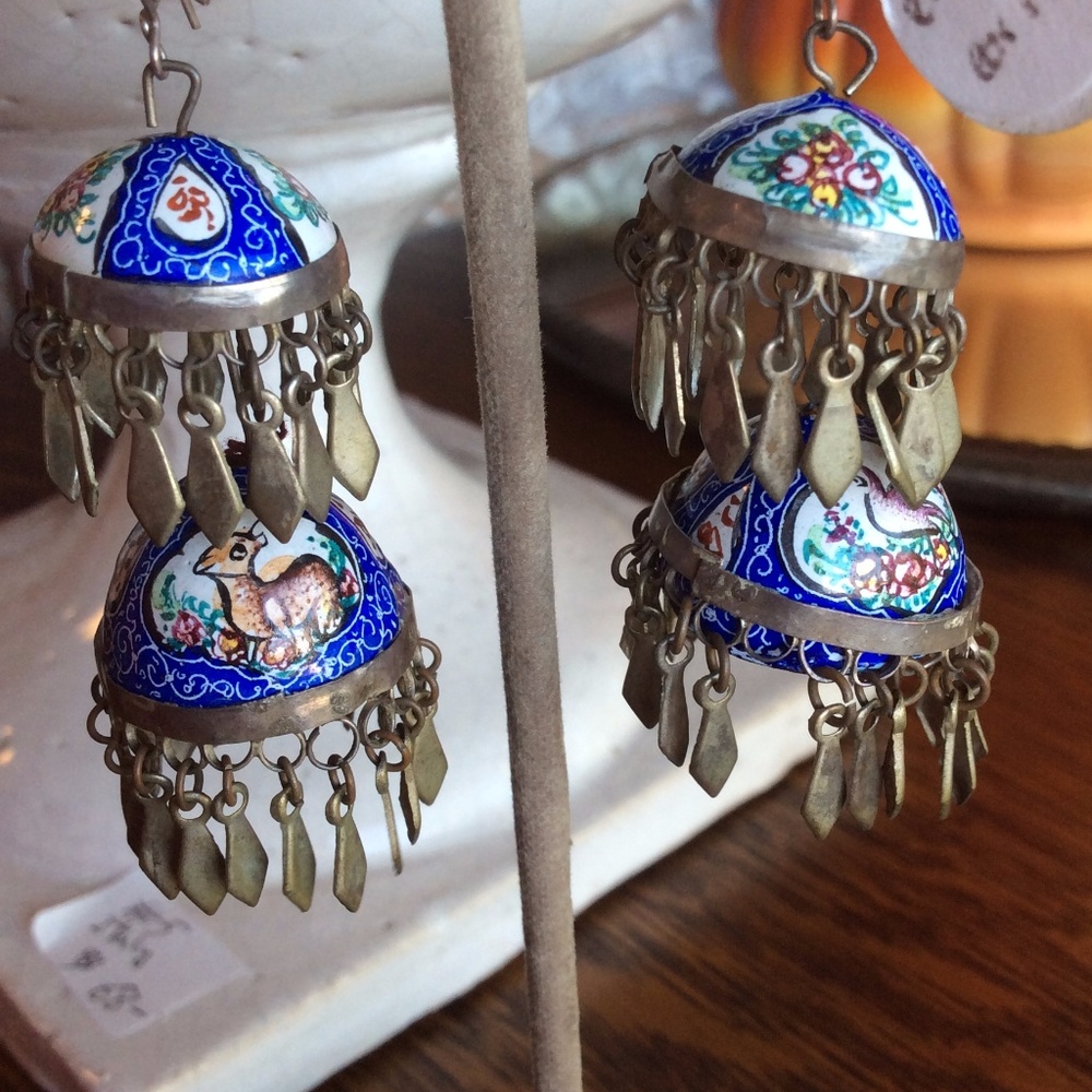 SOLD Enamel Hand-painted Dome Jingle Earrings - Picture 4 of 8