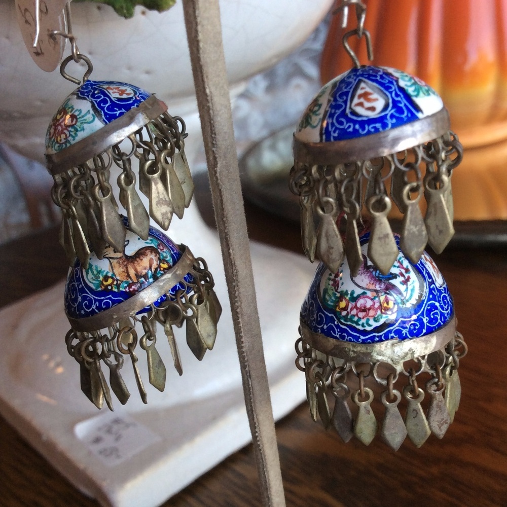 SOLD Enamel Hand-painted Dome Jingle Earrings - Picture 6 of 8