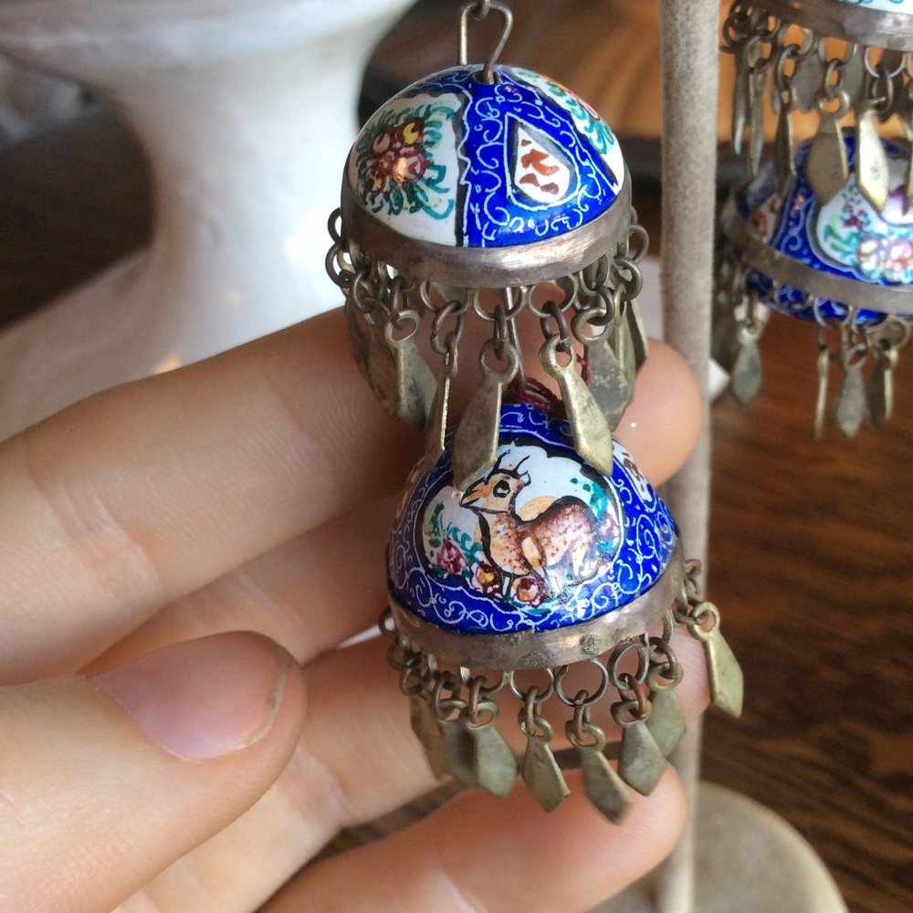 SOLD Enamel Hand-painted Dome Jingle Earrings - Picture 2 of 8