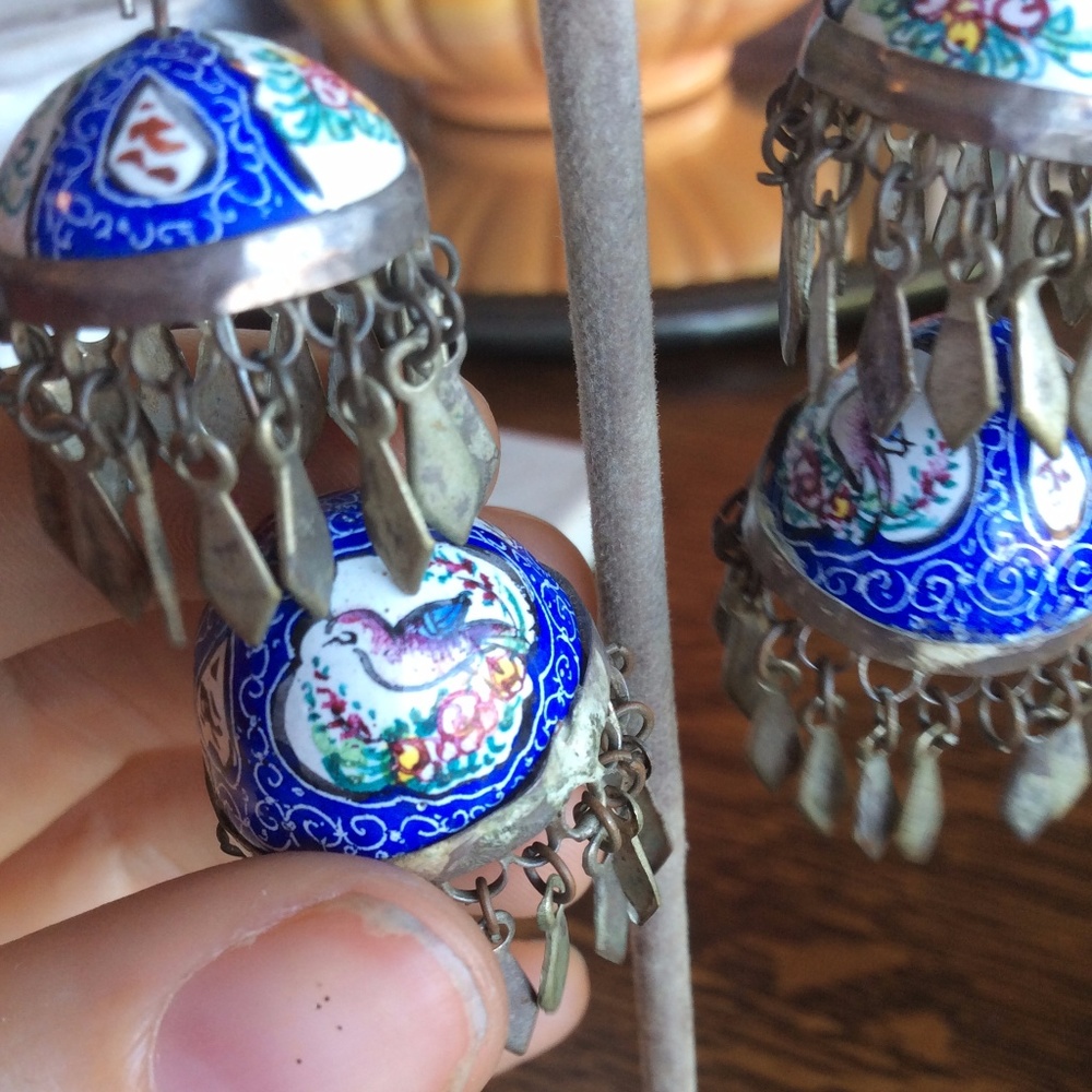 SOLD Enamel Hand-painted Dome Jingle Earrings - Picture 5 of 8