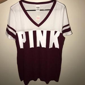 PINK short sleeved burgundy and white v neck