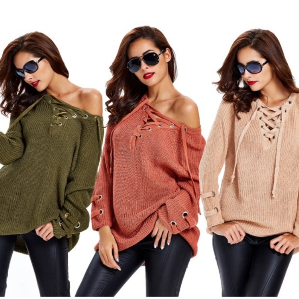  Autumn Lace Up Long Sleeved Knitted Sweater