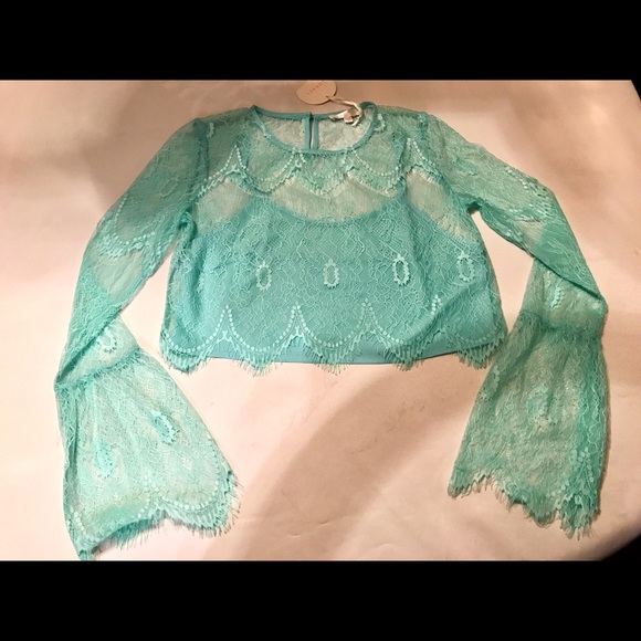 SOLD- Mint Lace Crop Top Elegant Long Sleeve Teal - Picture 1 of 8