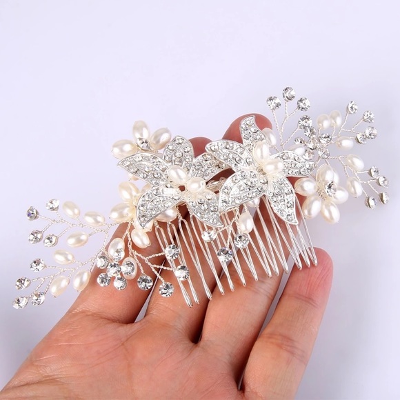 Wedding bridal pearl bling hair comb new silver
