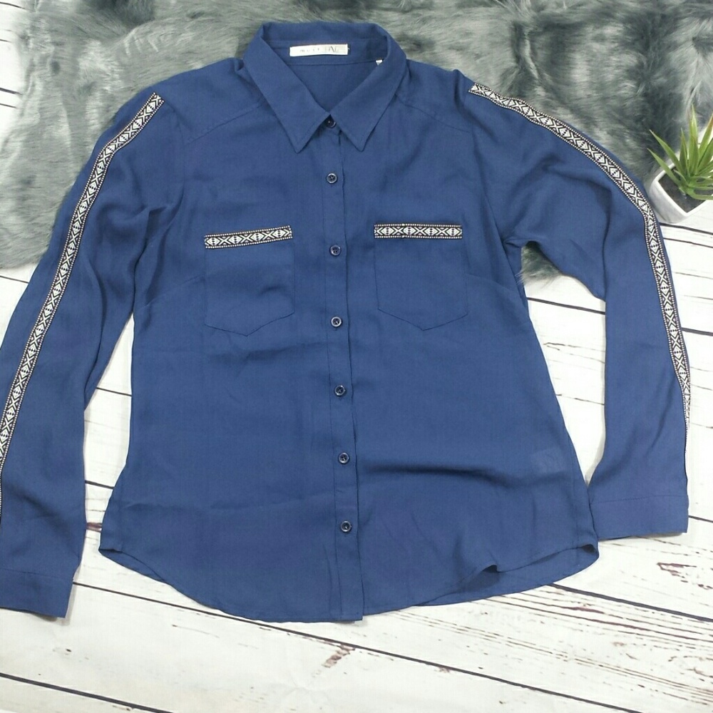 Blue Aztec Button Down Sheer Blouse