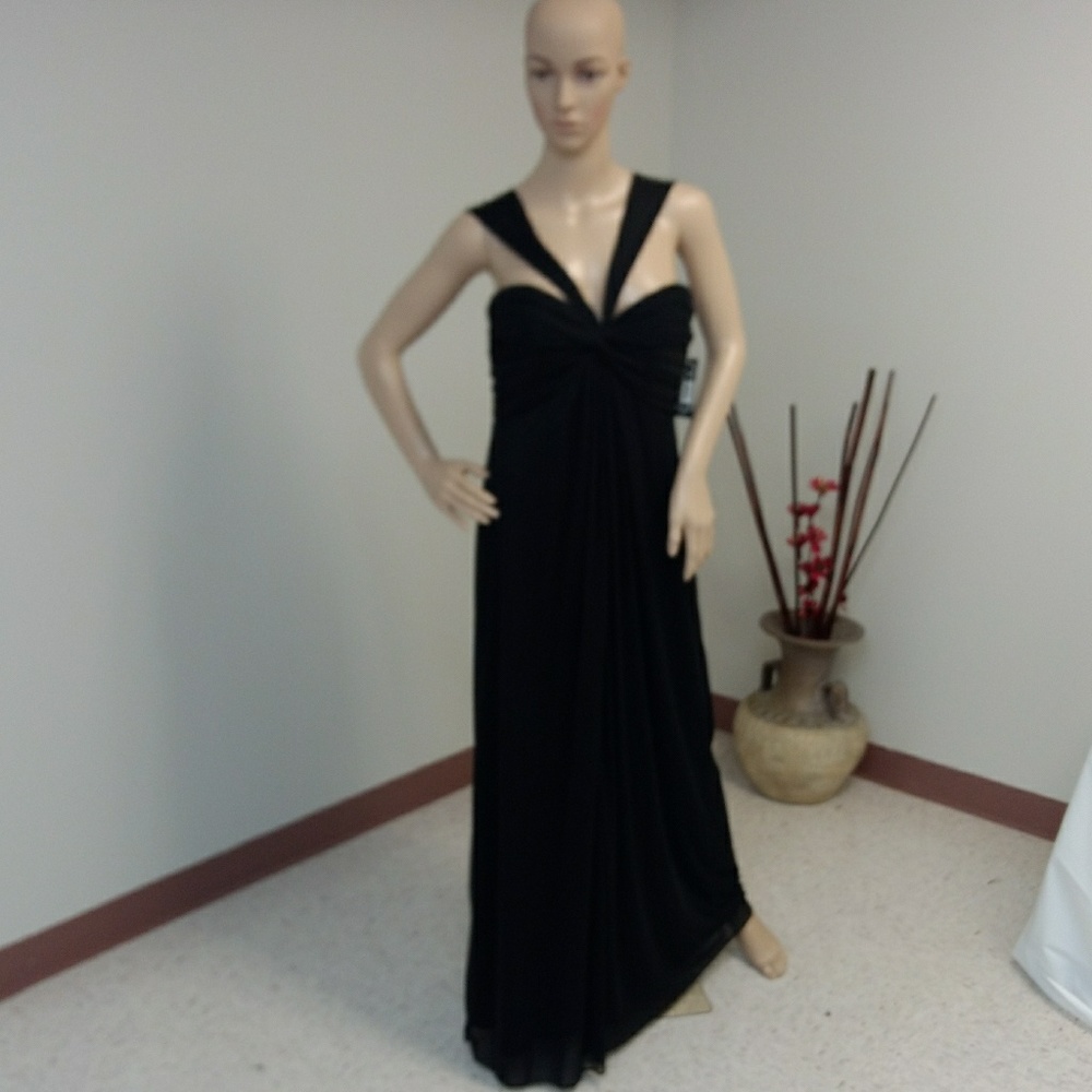 Alex Evening Black Chiffon V-Strap Long Dress