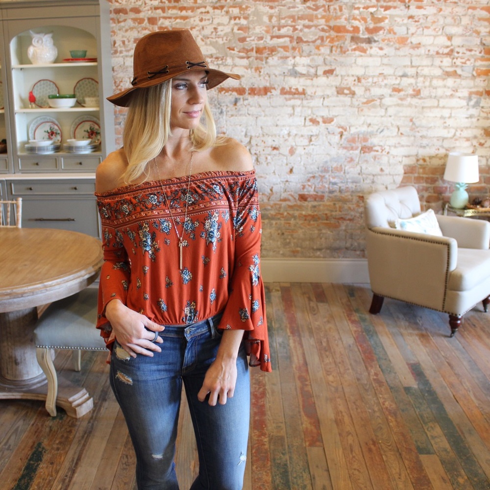 Rust Bell Sleeve Floral Off Shoulder top - Picture 2 of 5