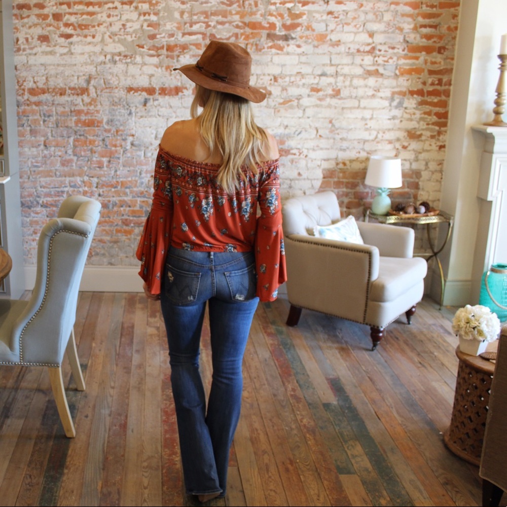 Rust Bell Sleeve Floral Off Shoulder top - Picture 4 of 5