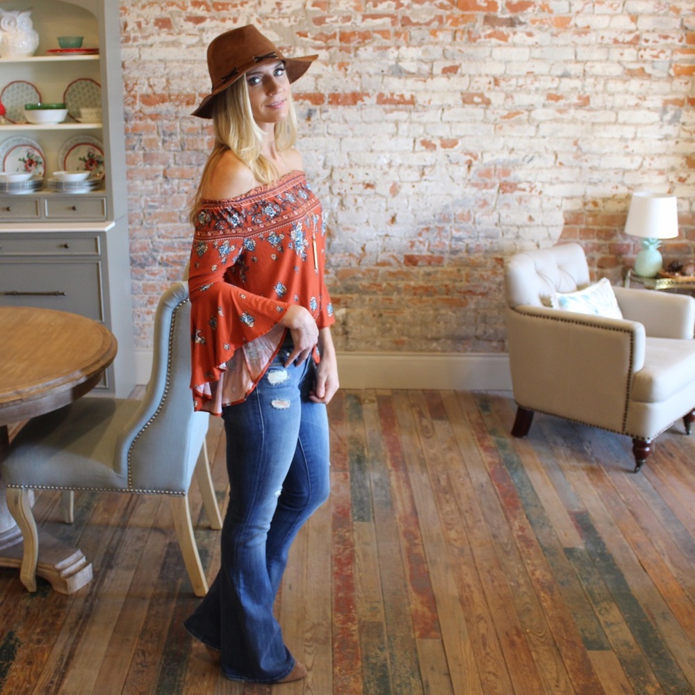 Rust Bell Sleeve Floral Off Shoulder top - Picture 5 of 5