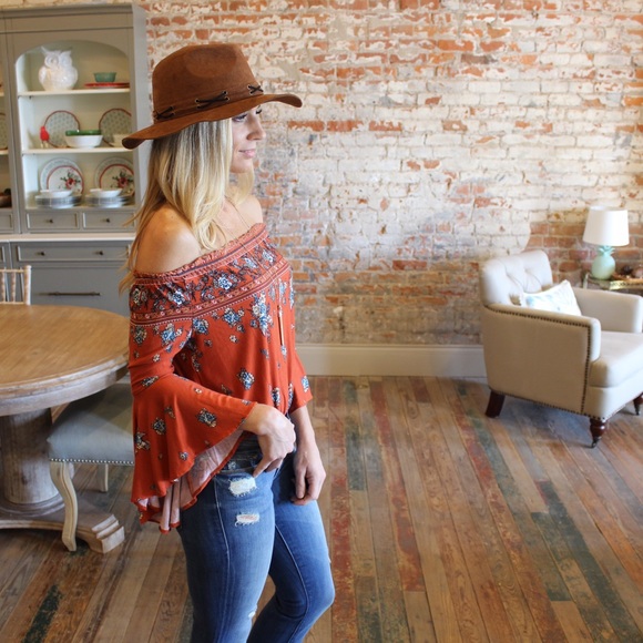 Rust Bell Sleeve Floral Off Shoulder top - Picture 3 of 5