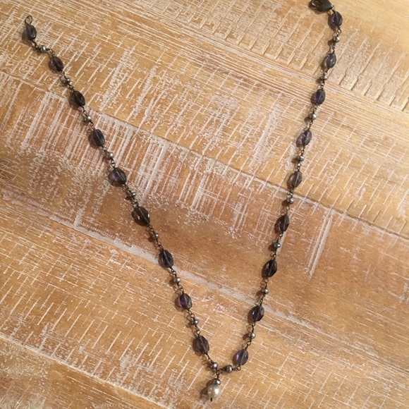 Y-necklace. Amethyst and faux pearl beads. - Picture 3 of 5