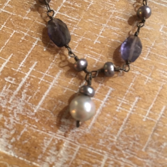 Y-necklace. Amethyst and faux pearl beads. - Picture 2 of 5