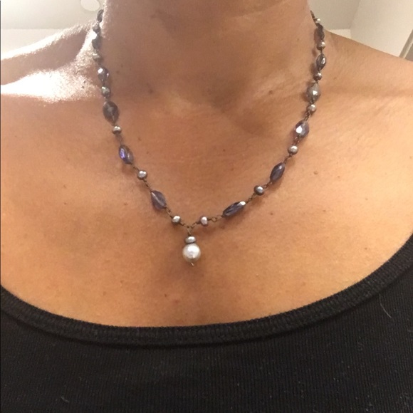 Y-necklace. Amethyst and faux pearl beads. - Picture 4 of 5
