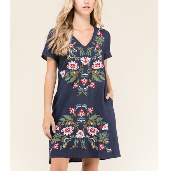 $5 SALE | Navy Floral Embroidered Shift Dress (D2) - Picture 2 of 7