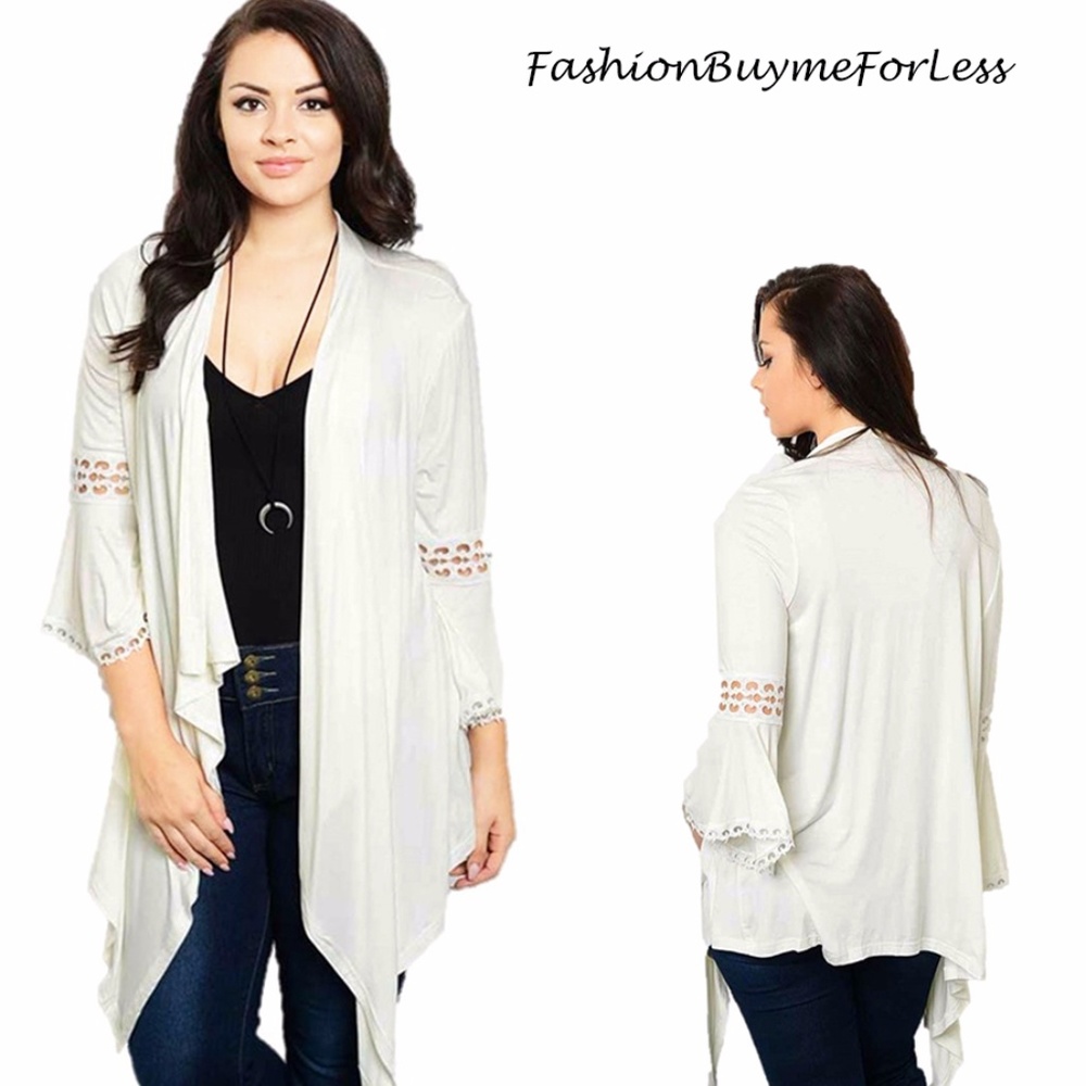 PLUS Ivory Crochet Bell Sleeve Sweater Cardigan