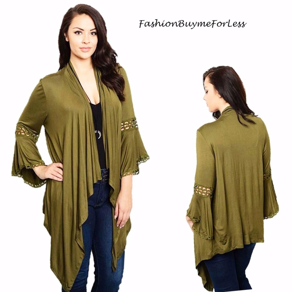 PLUS Olive Crochet Bell Sleeve Sweater Cardigan