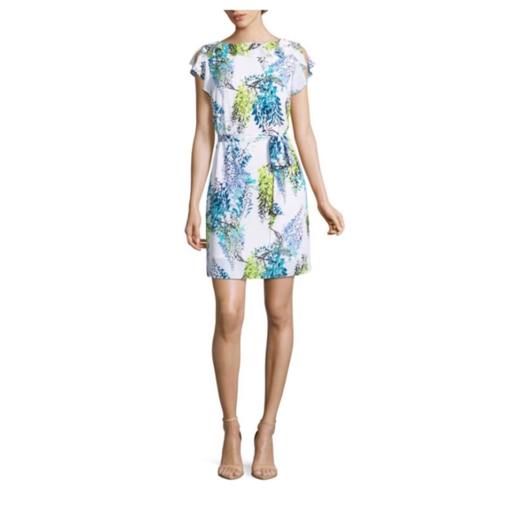 Worthington White/Blue/Green Floral Print Tie-Waist Ruffle Boatneck Dress Size 6