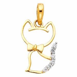 14K Yellow Real Gold Cat Bow Pendant Charm